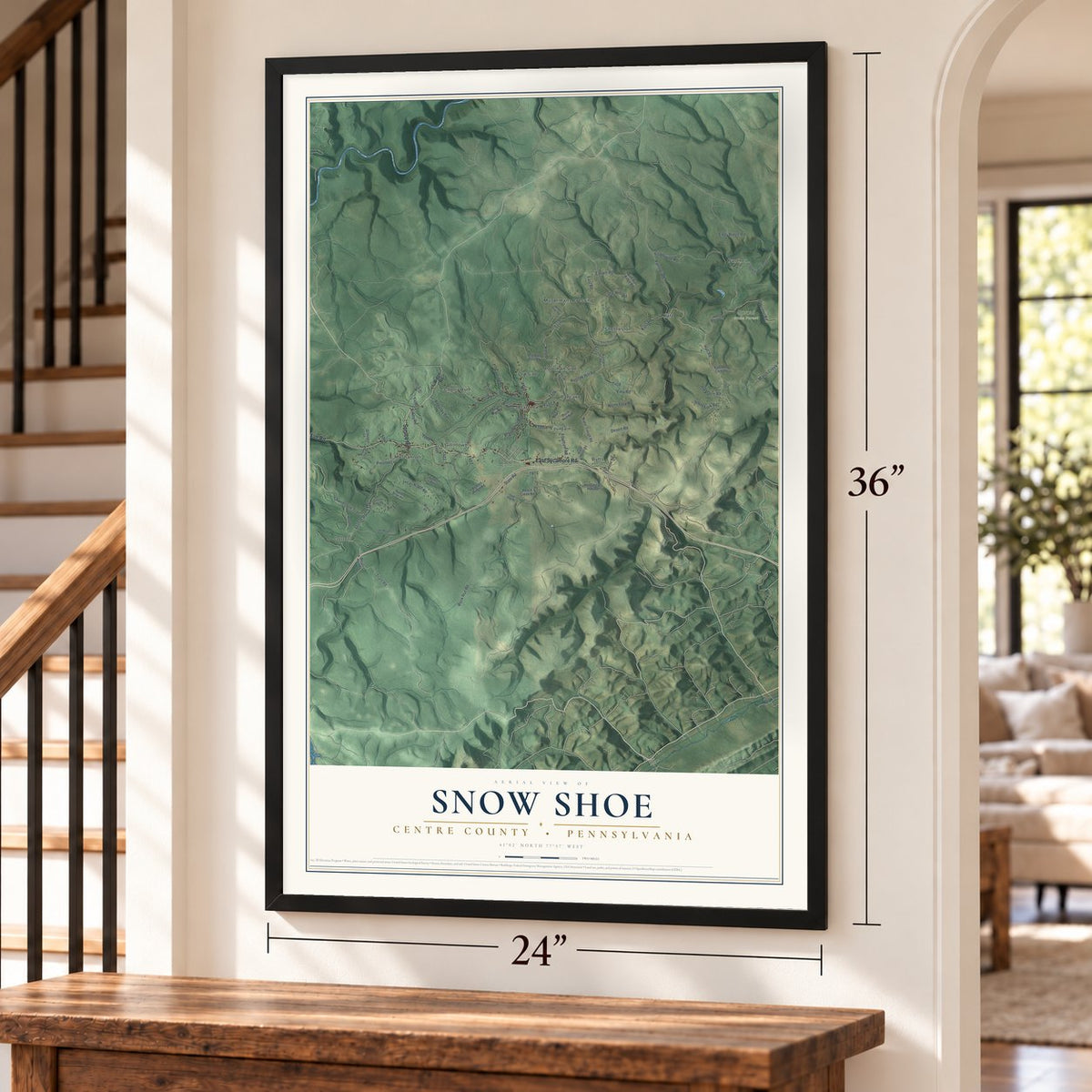 Snow Shoe, Centre County, Pennsylvania map, 24 x 36 inch print in a black frame by a staircase