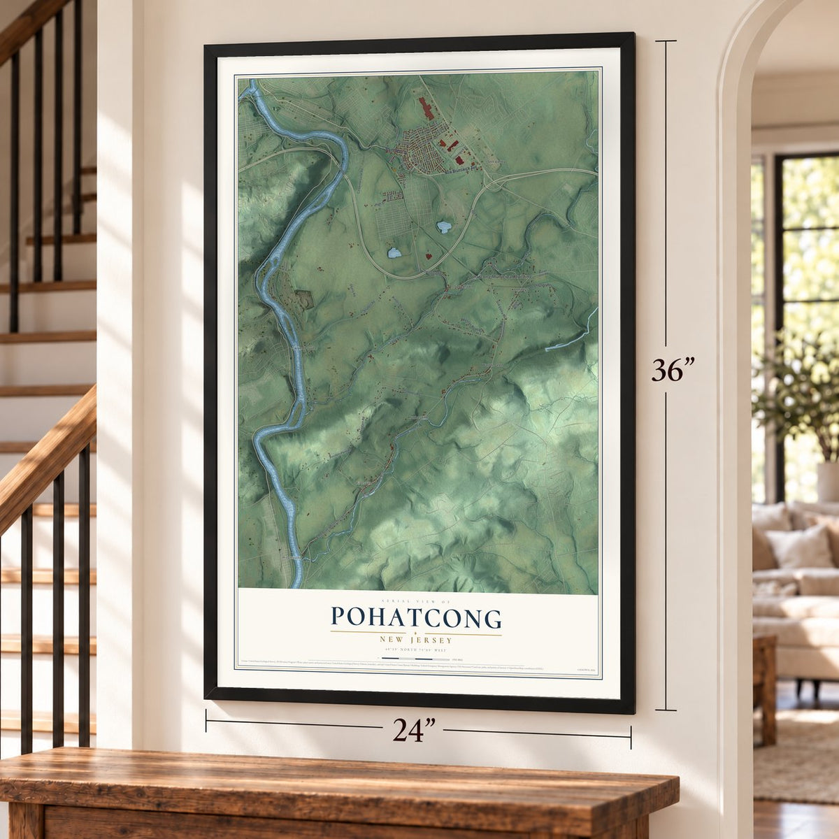Pohatcong, New Jersey map, 24 x 36 inch print in a black frame by a staircase