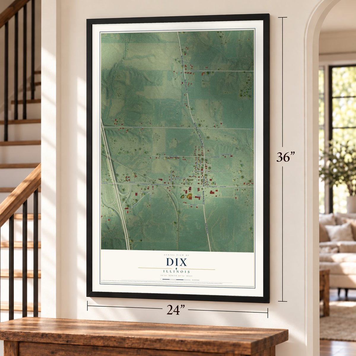 Dix, Illinois map, 24 x 36 inch print in a black frame by a staircase