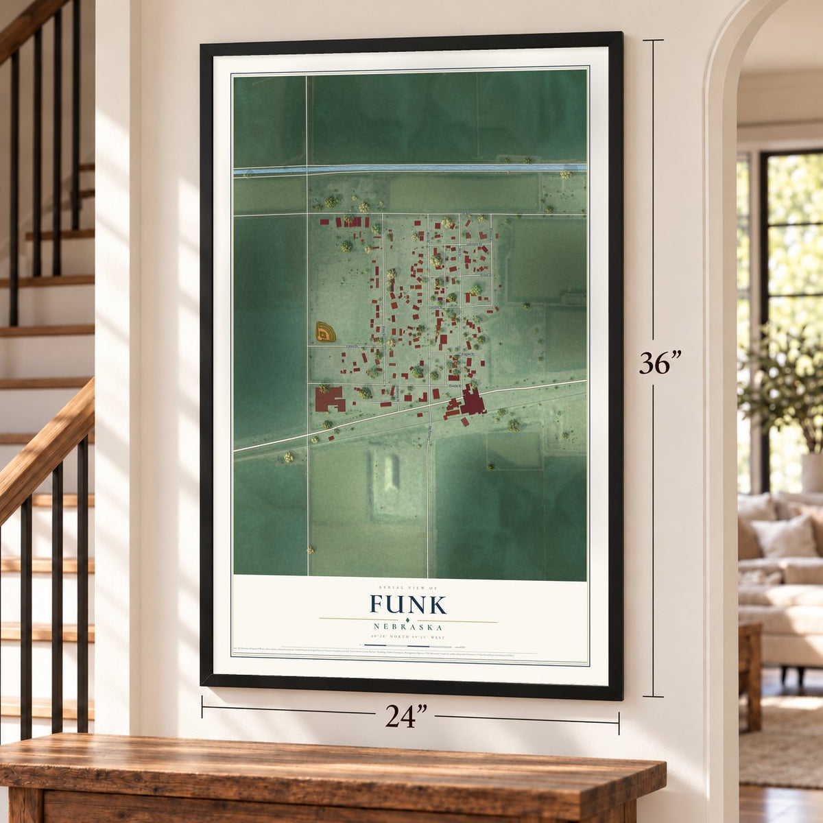 Funk, Nebraska map, 24 x 36 inch print in a black frame by a staircase
