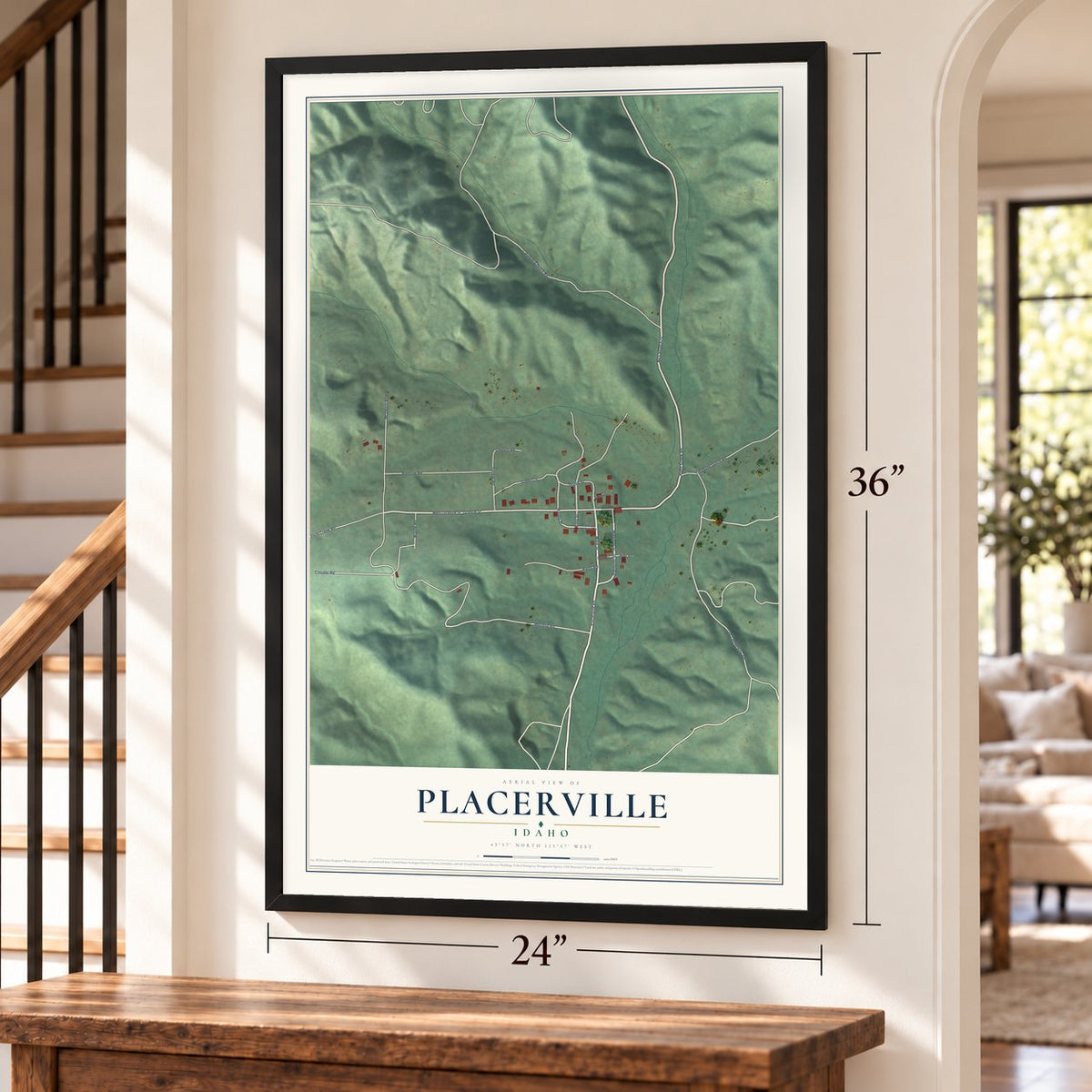 Placerville, Idaho map, 24 x 36 inch print in a black frame by a staircase