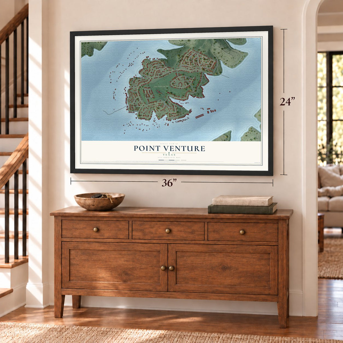 Point Venture, Texas map, 24 x 36 inch print in a black frame above a dresser by a staircase