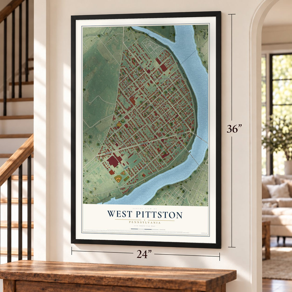 West Pittston, Pennsylvania map, 24 x 36 inch print in a black frame by a staircase