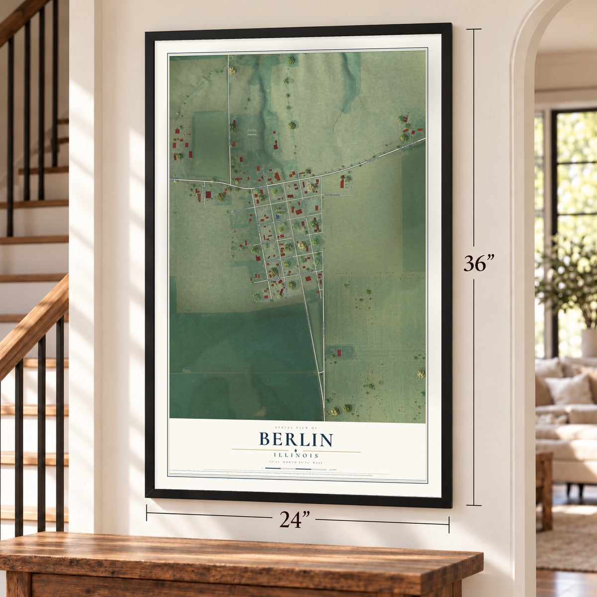 Berlin, Illinois map, 24 x 36 inch print in a black frame by a staircase