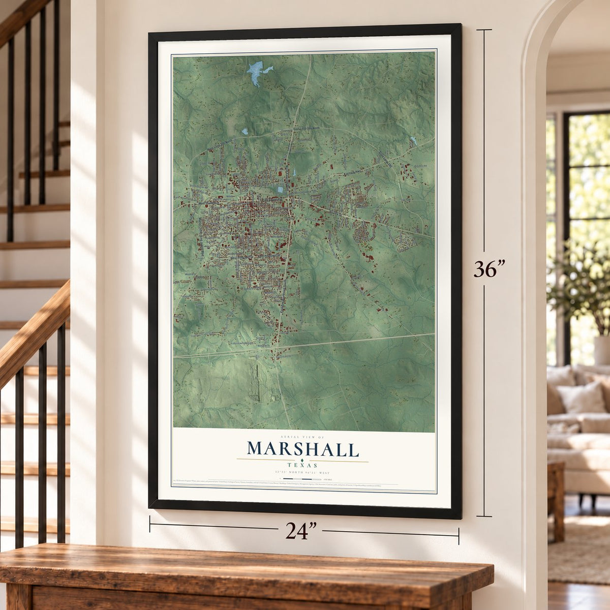 Marshall, Texas map, 24 x 36 inch print in a black frame by a staircase