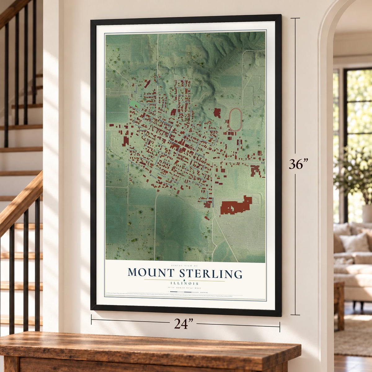 Mount Sterling, Illinois map, 24 x 36 inch print in a black frame by a staircase
