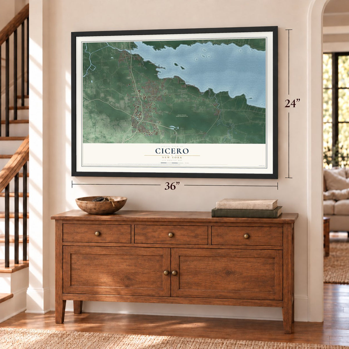 Cicero, New York map, 24 x 36 inch print in a black frame above a dresser by a staircase