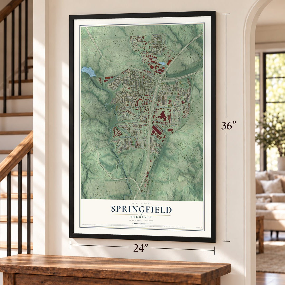 Springfield, Virginia map, 24 x 36 inch print in a black frame by a staircase