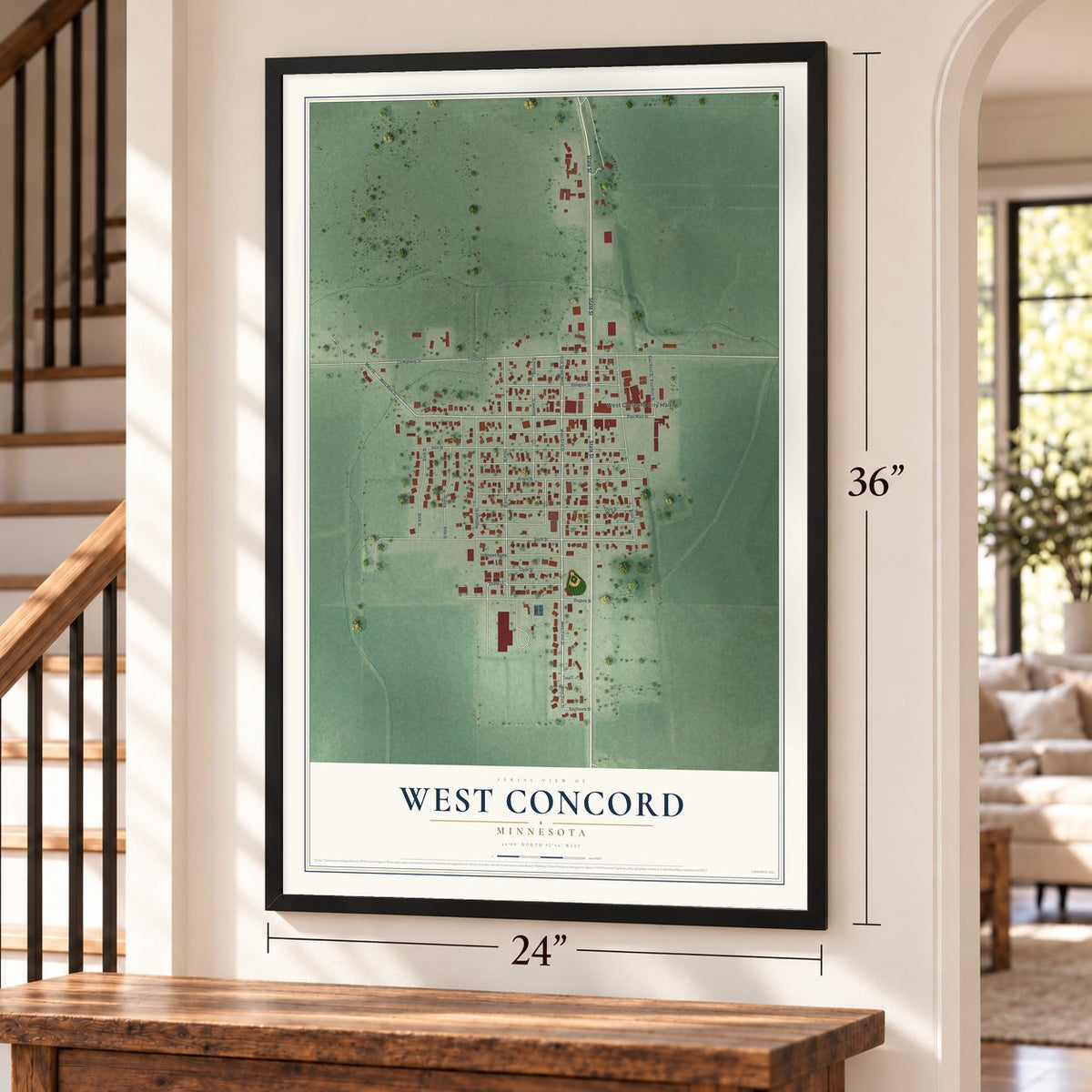 West Concord, Minnesota map, 24 x 36 inch print in a black frame by a staircase