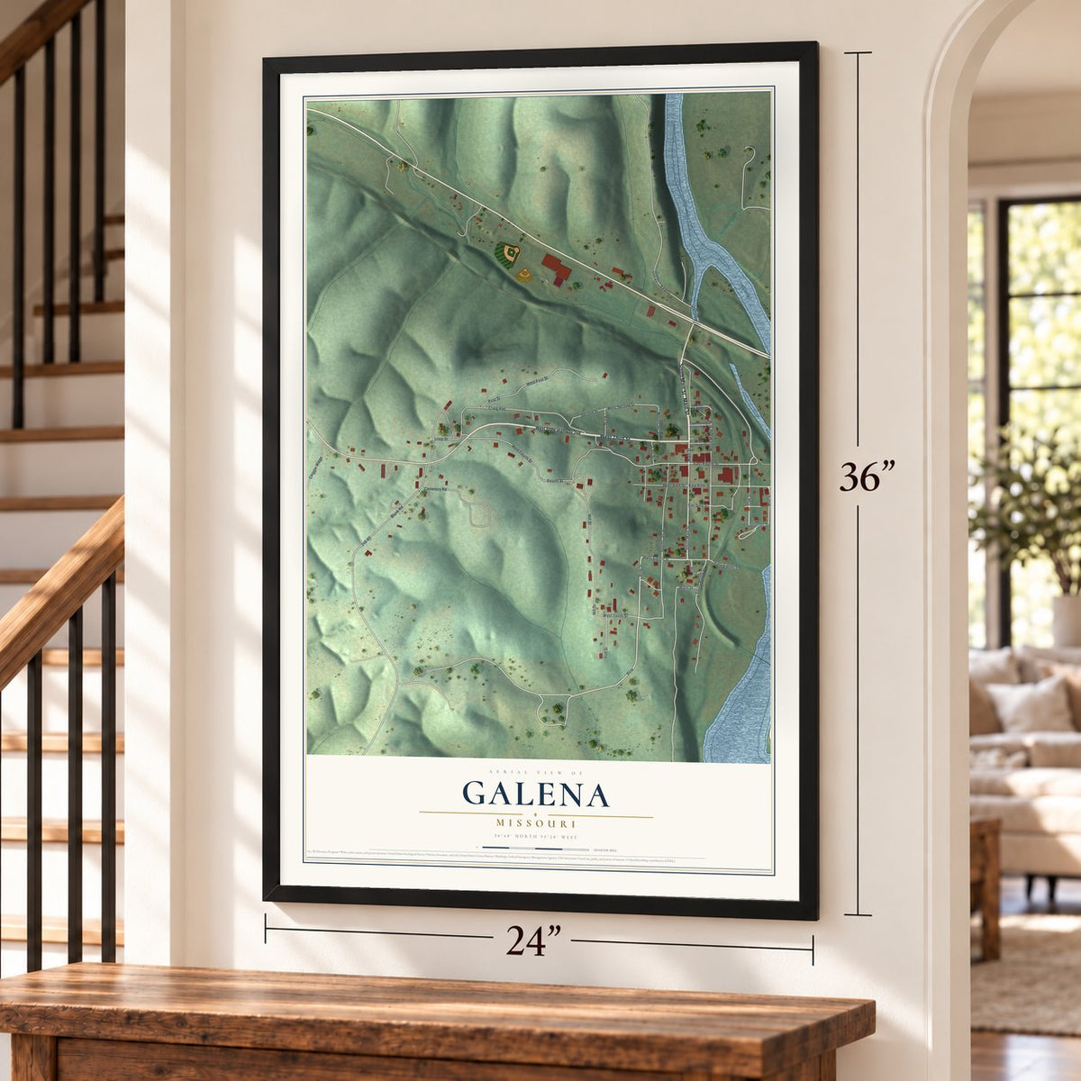 Galena, Missouri map, 24 x 36 inch print in a black frame by a staircase