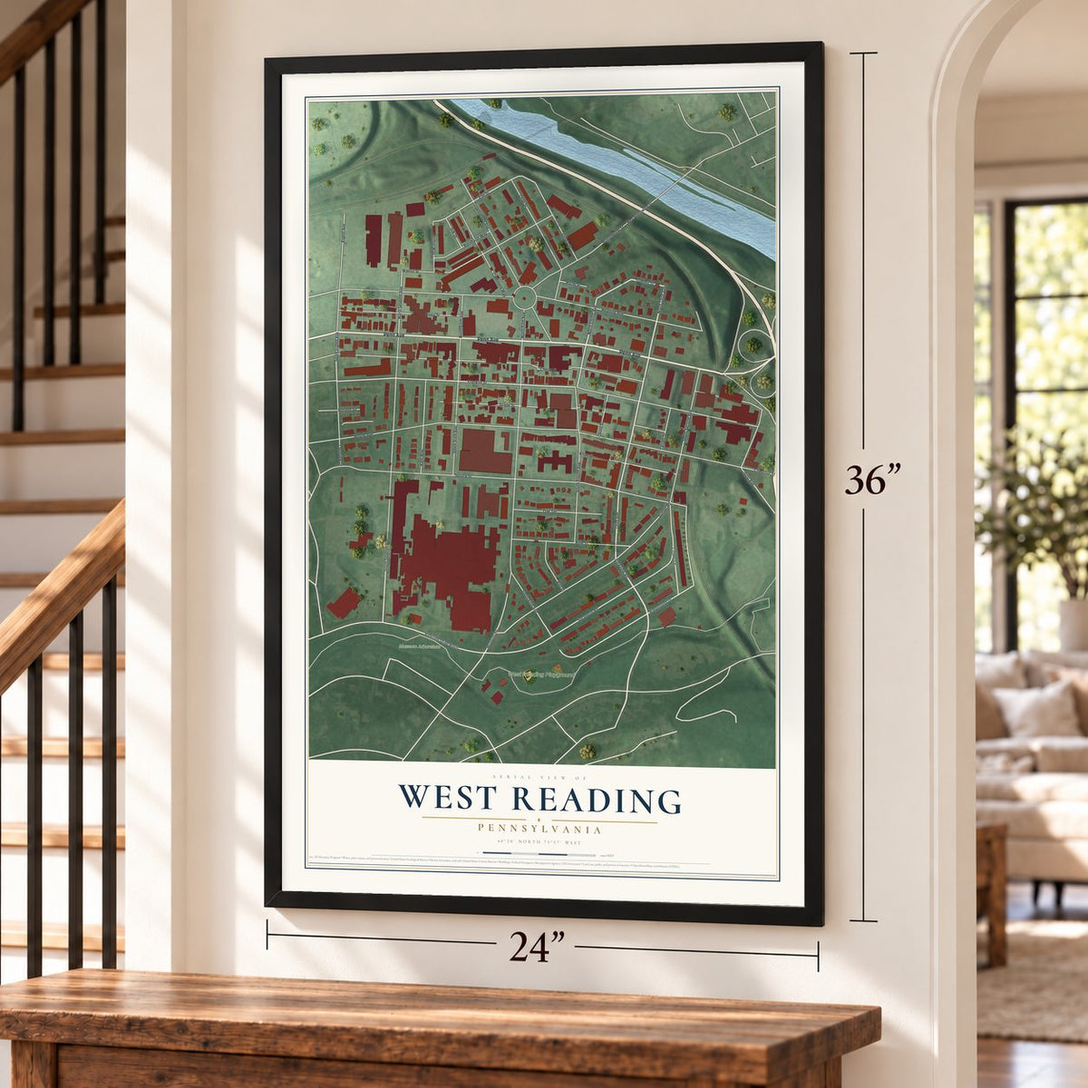 West Reading, Pennsylvania map, 24 x 36 inch print in a black frame by a staircase