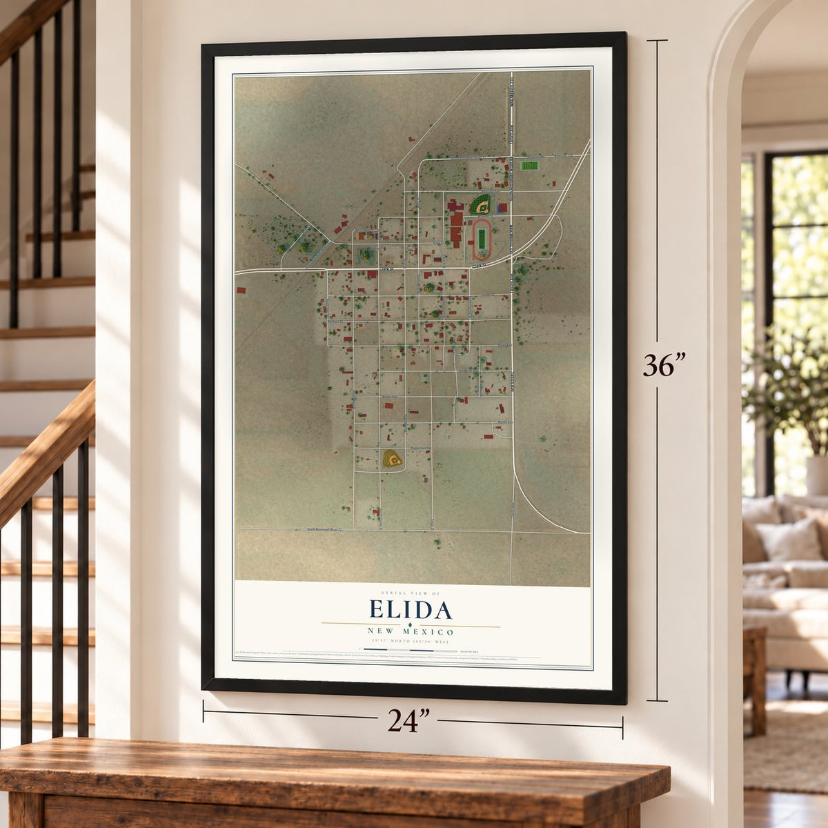 Elida, New Mexico map, 24 x 36 inch print in a black frame by a staircase
