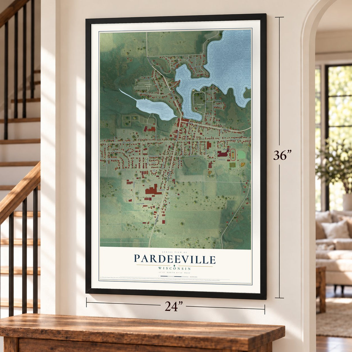 Pardeeville, Wisconsin map, 24 x 36 inch print in a black frame by a staircase