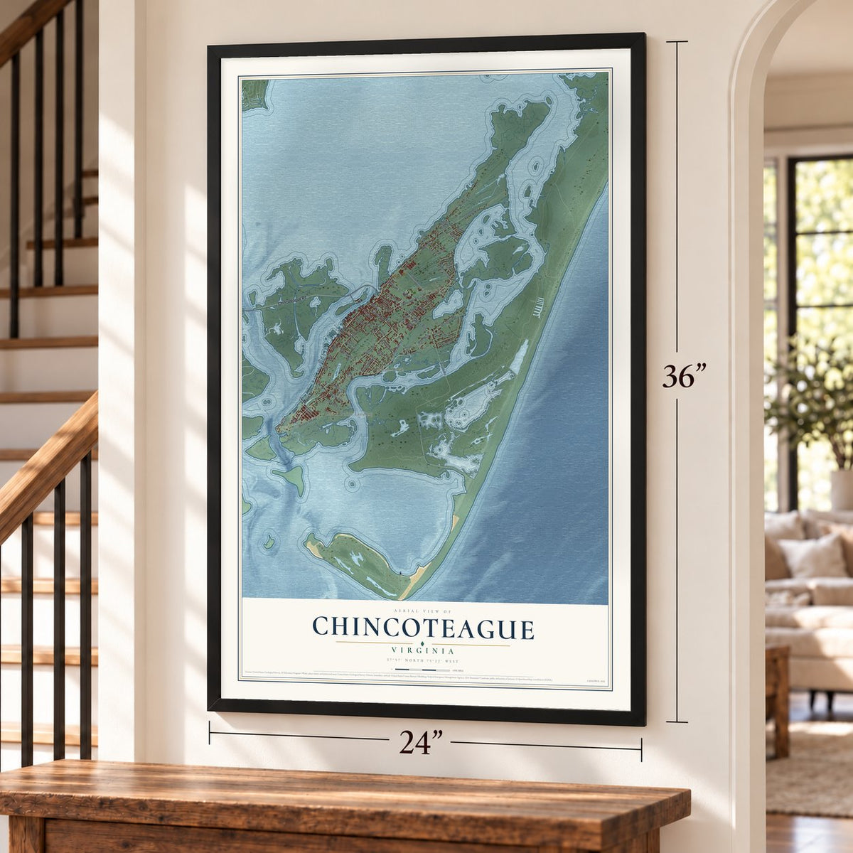 Chincoteague, Virginia map, 24 x 36 inch print in a black frame by a staircase
