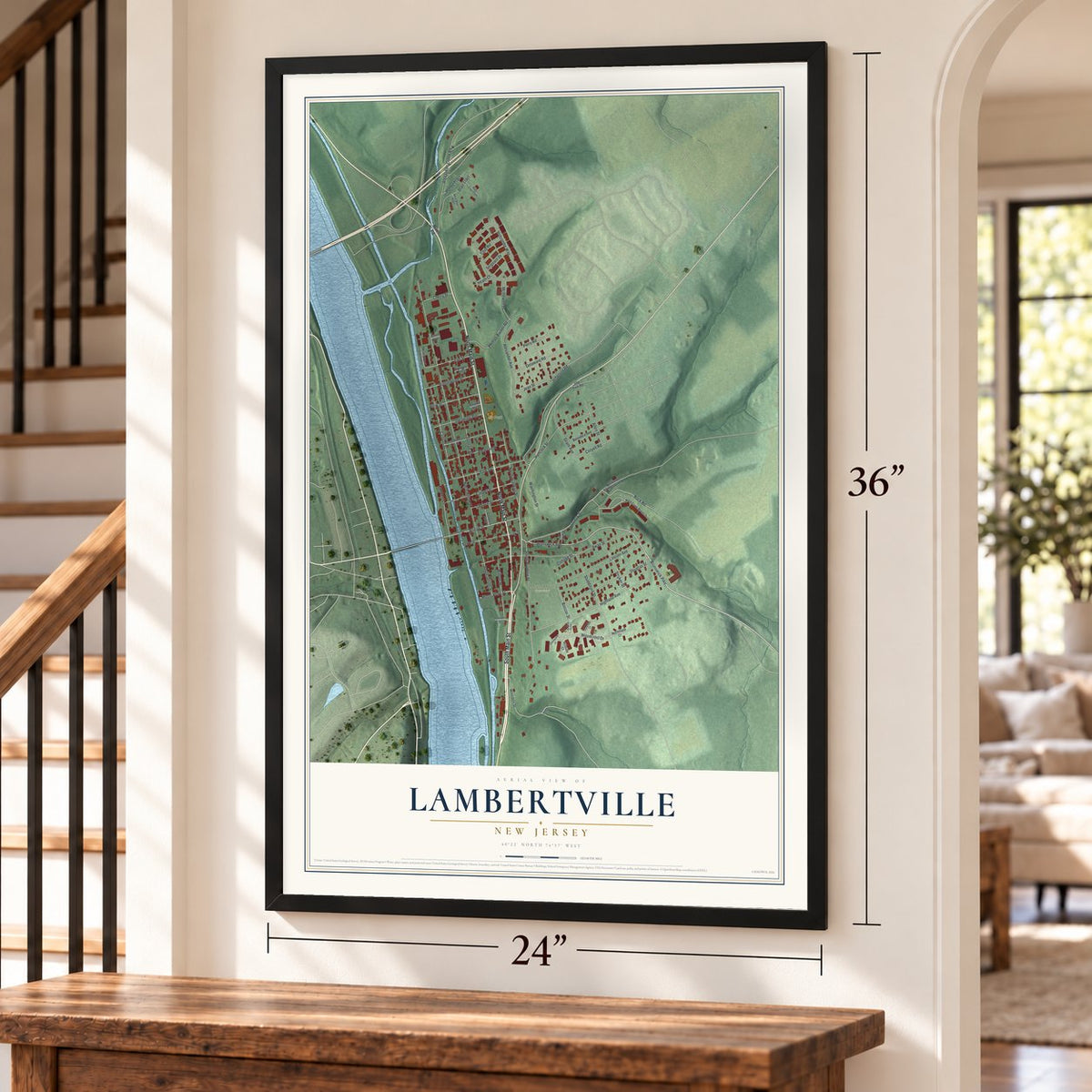 Lambertville, New Jersey map, 24 x 36 inch print in a black frame by a staircase