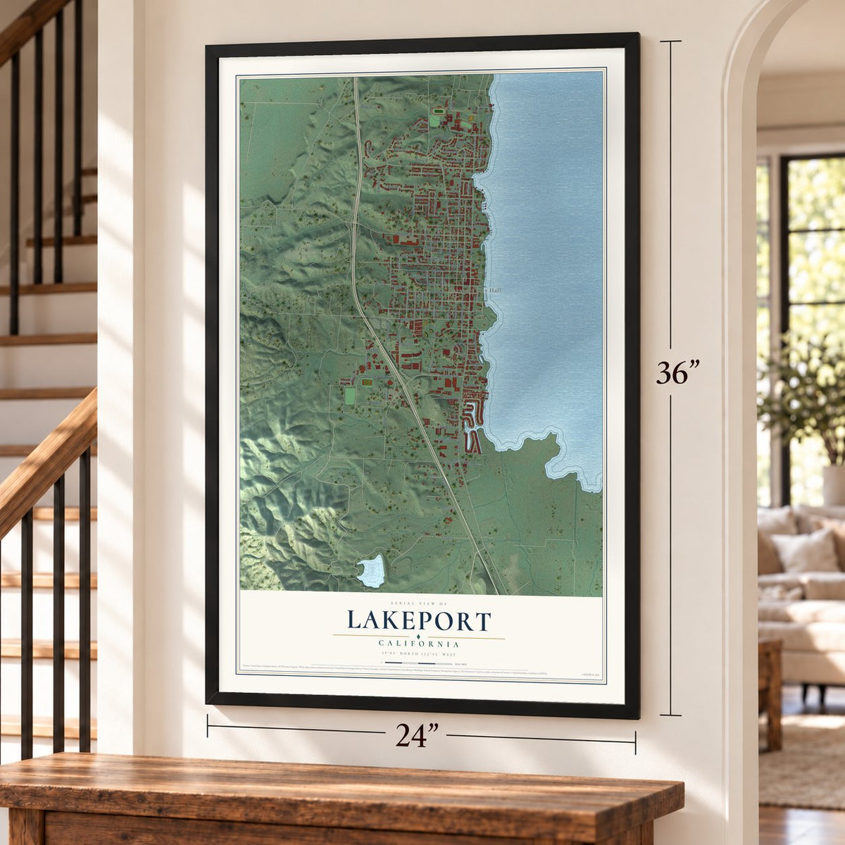 Lakeport, California map, 24 x 36 inch print in a black frame by a staircase