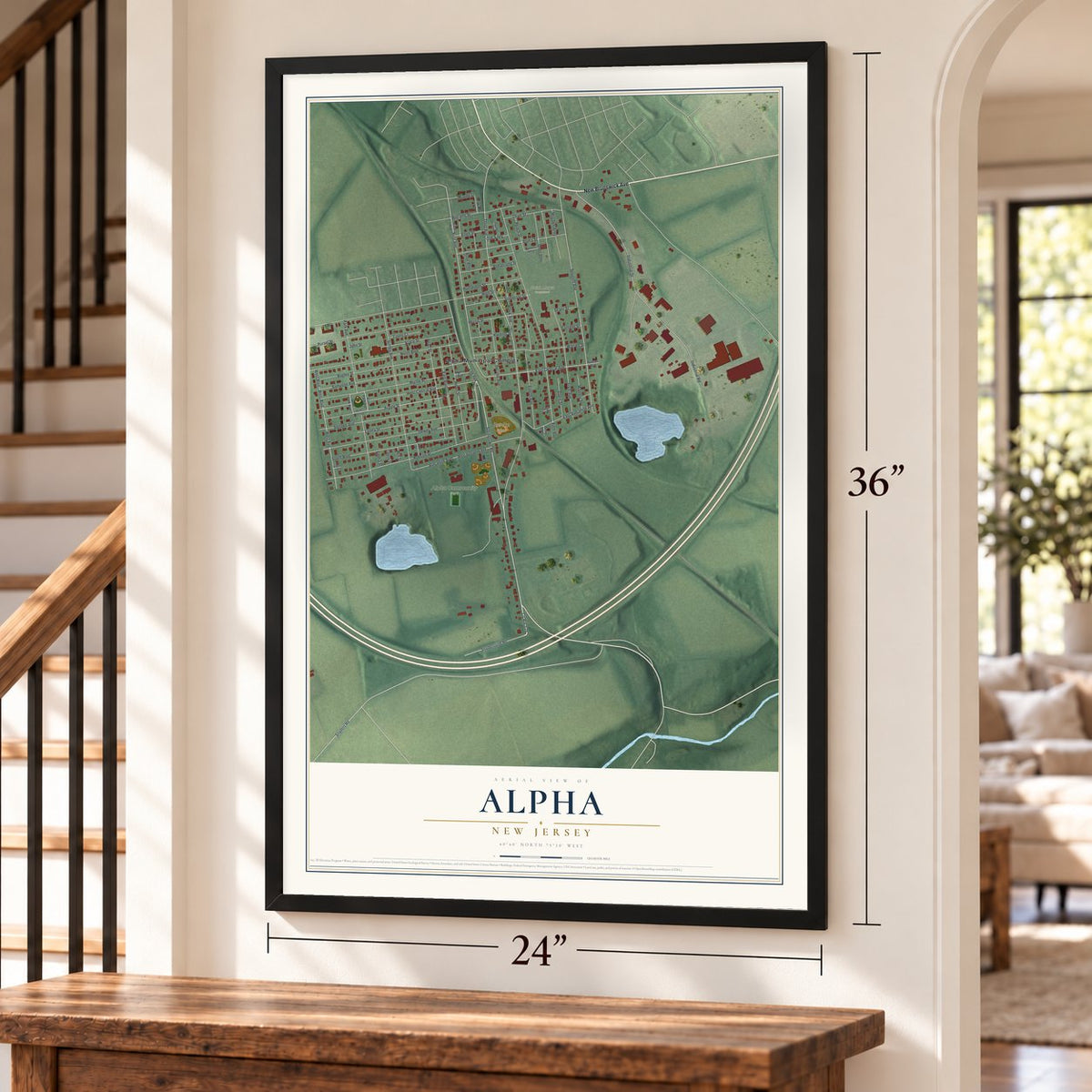 Alpha, New Jersey map, 24 x 36 inch print in a black frame by a staircase