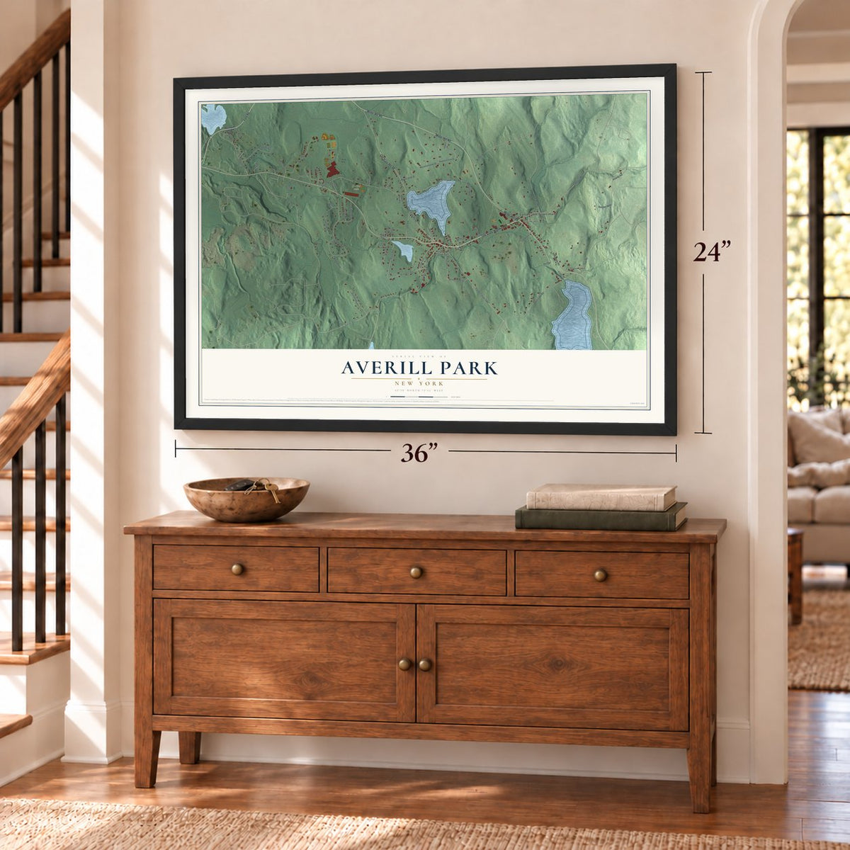 Averill Park, New York map, 24 x 36 inch print in a black frame above a dresser by a staircase