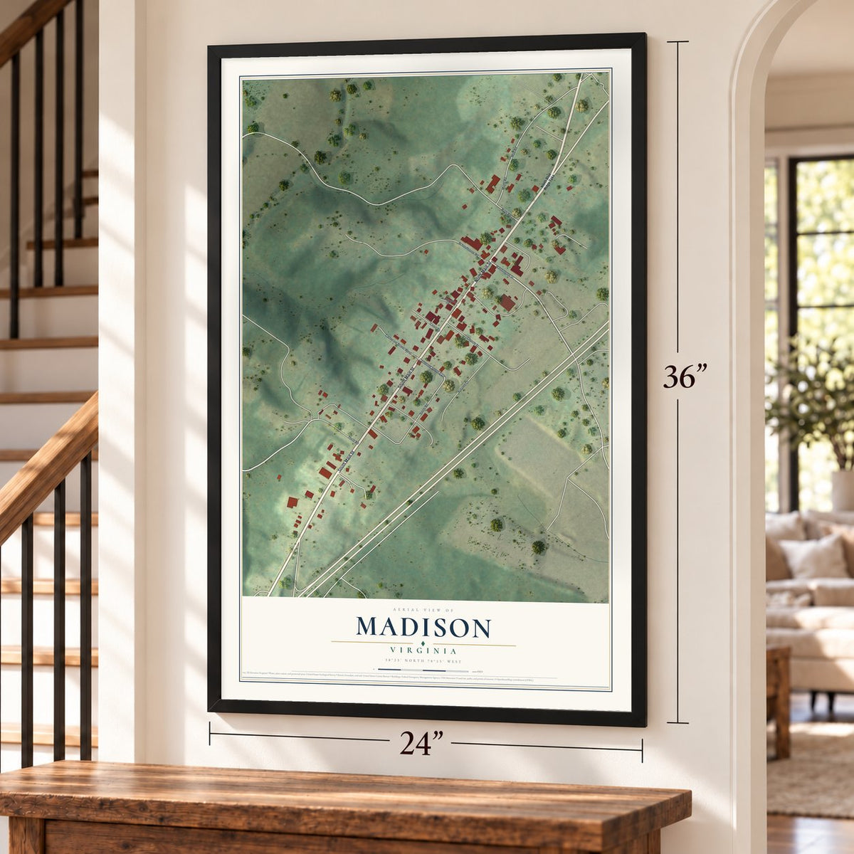Madison, Virginia map, 24 x 36 inch print in a black frame by a staircase