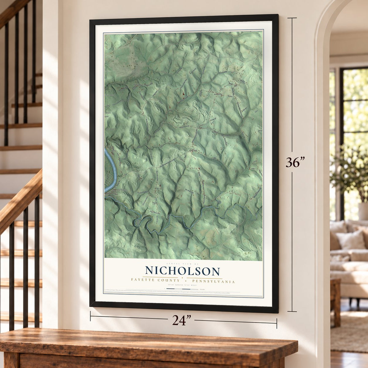 Nicholson, Fayette County, Pennsylvania map, 24 x 36 inch print in a black frame by a staircase