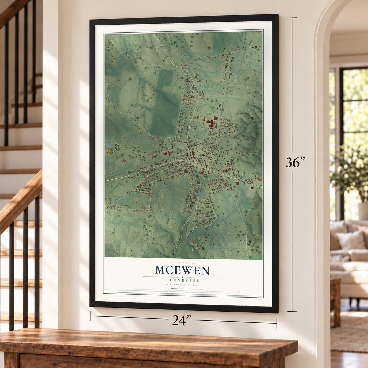 McEwen, Tennessee map, 24 x 36 inch print in a black frame by a staircase