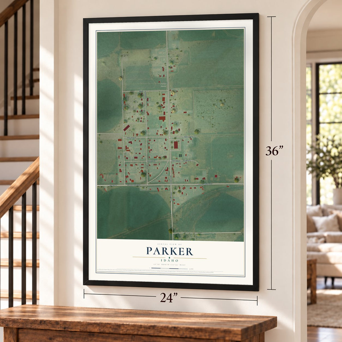 Parker, Idaho map, 24 x 36 inch print in a black frame by a staircase