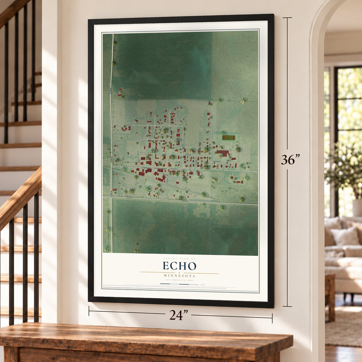 Echo, Minnesota map, 24 x 36 inch print in a black frame by a staircase
