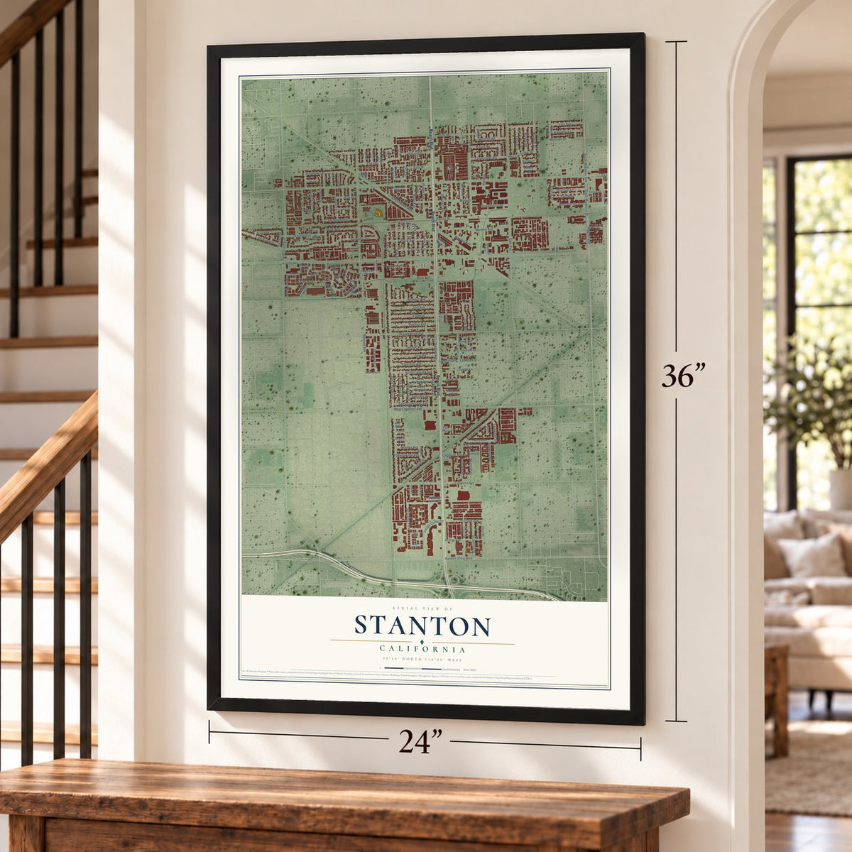 Stanton, California map, 24 x 36 inch print in a black frame by a staircase