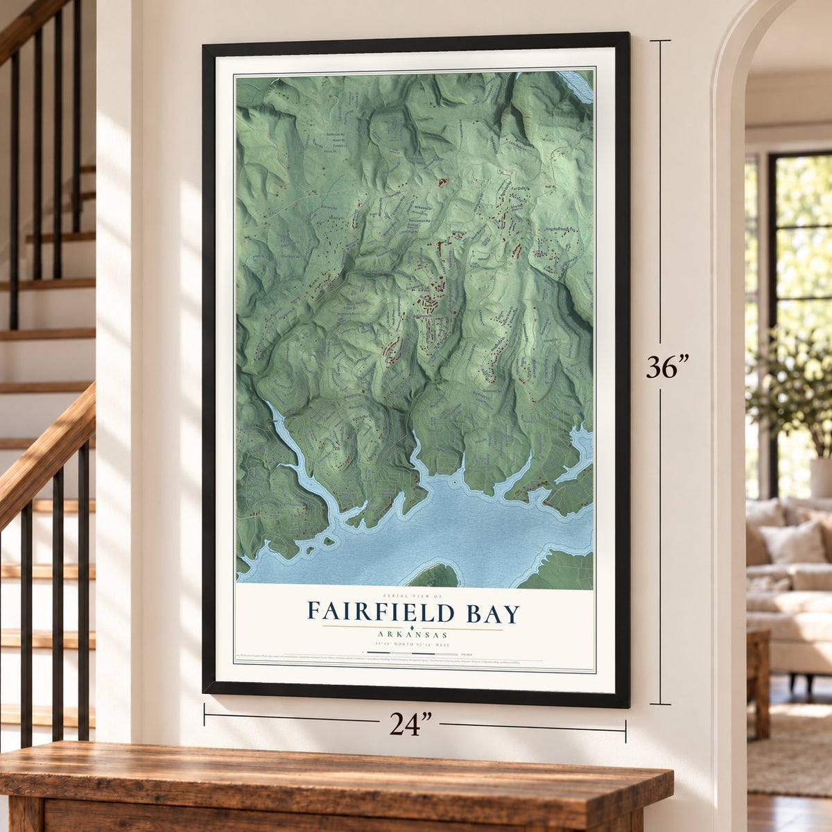 Fairfield Bay, Arkansas map, 24 x 36 inch print in a black frame by a staircase