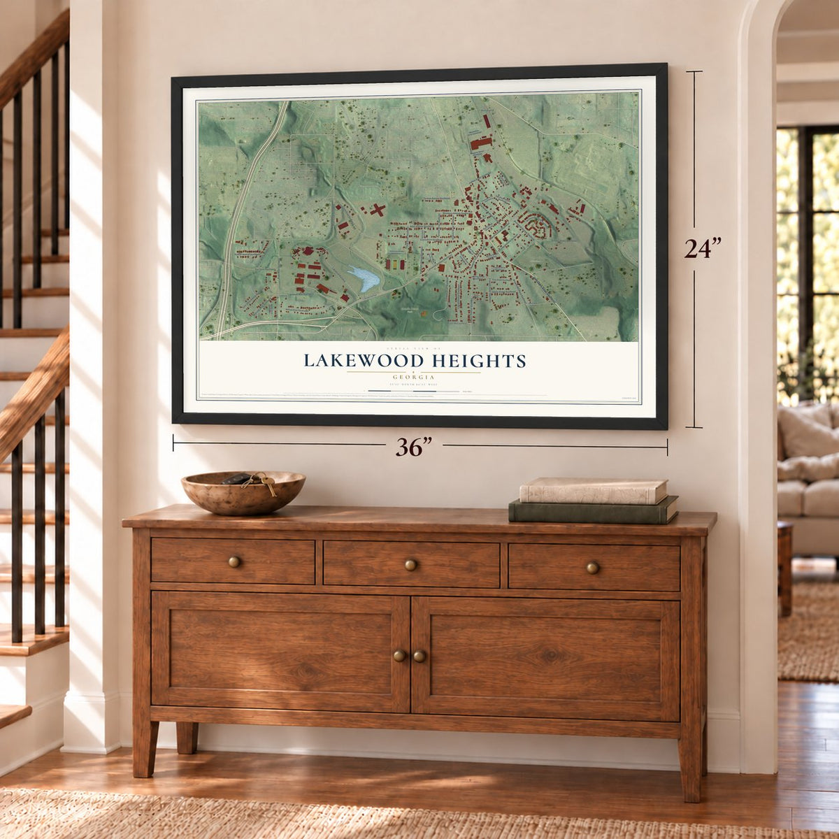 Lakewood Heights, Georgia map, 24 x 36 inch print in a black frame above a dresser by a staircase