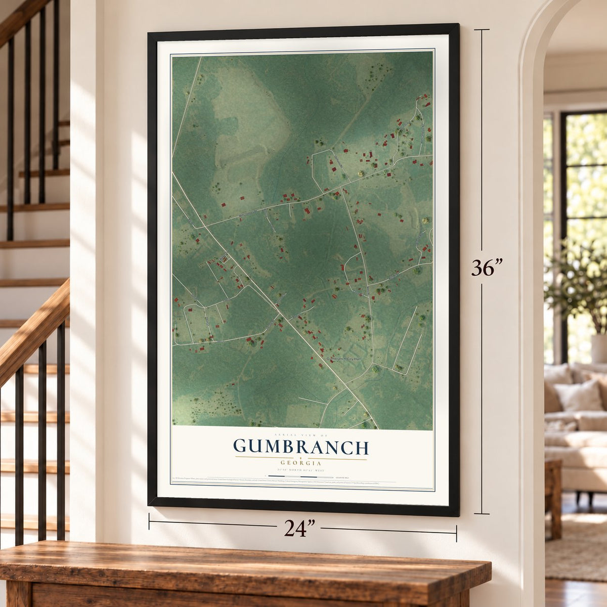 Gumbranch, Georgia map, 24 x 36 inch print in a black frame by a staircase