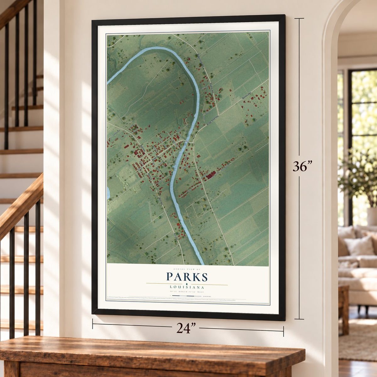 Parks, Louisiana map, 24 x 36 inch print in a black frame by a staircase