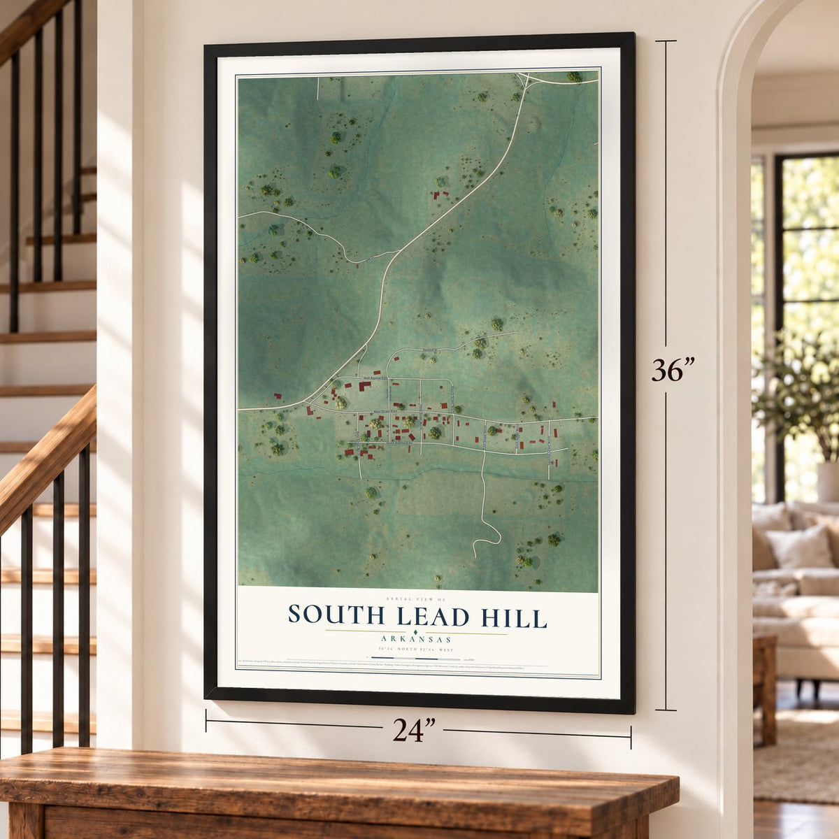 South Lead Hill, Arkansas map, 24 x 36 inch print in a black frame by a staircase