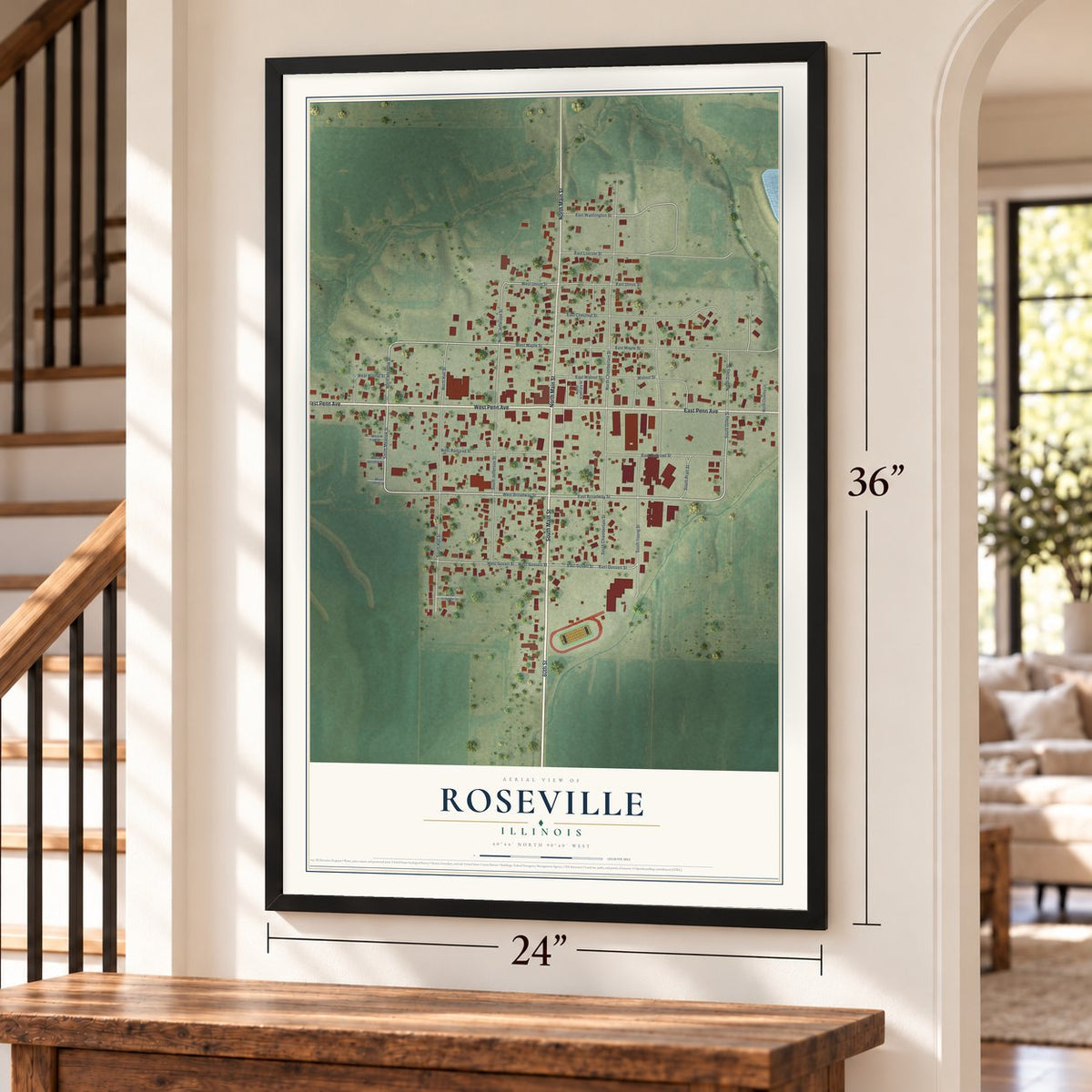Roseville, Illinois map, 24 x 36 inch print in a black frame by a staircase