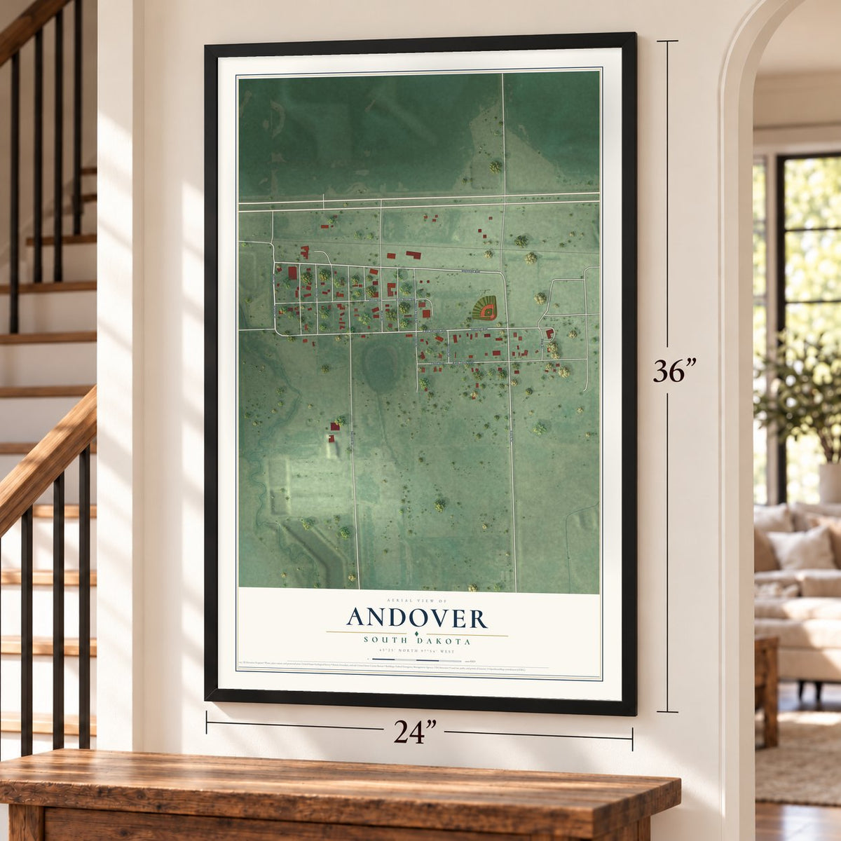 Andover, South Dakota map, 24 x 36 inch print in a black frame by a staircase