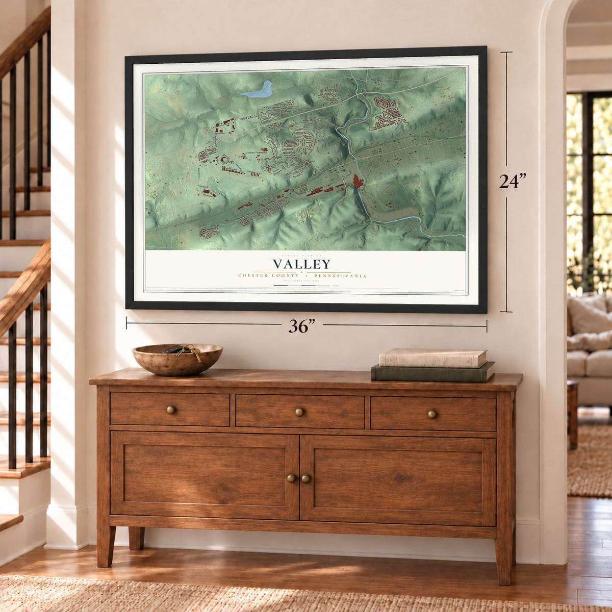 Valley, Chester County, Pennsylvania map, 24 x 36 inch print in a black frame above a dresser by a staircase