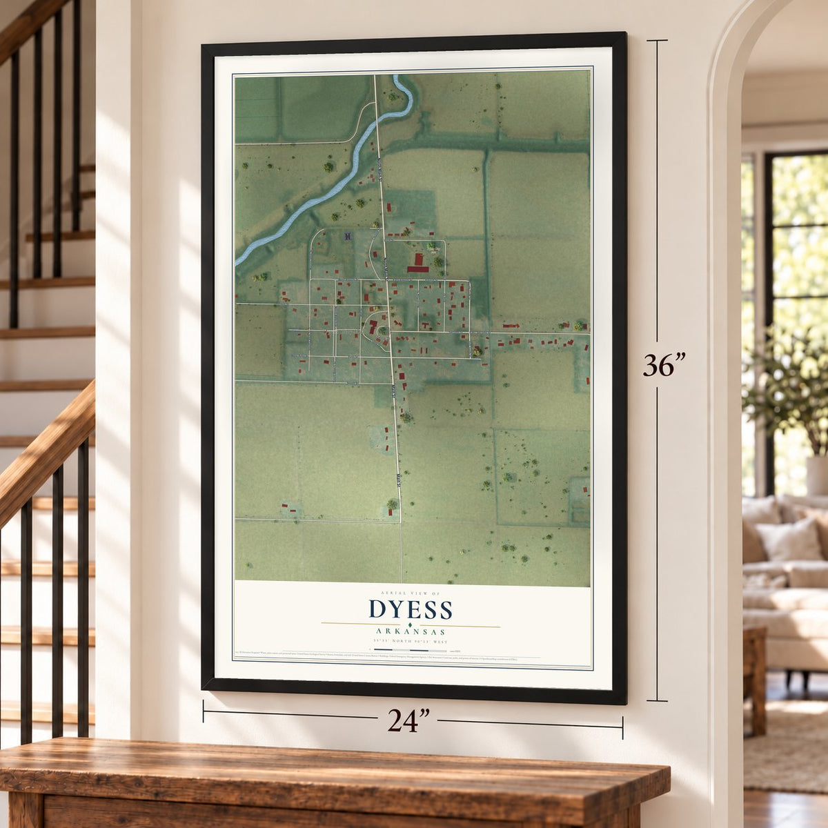 Dyess, Arkansas map, 24 x 36 inch print in a black frame by a staircase