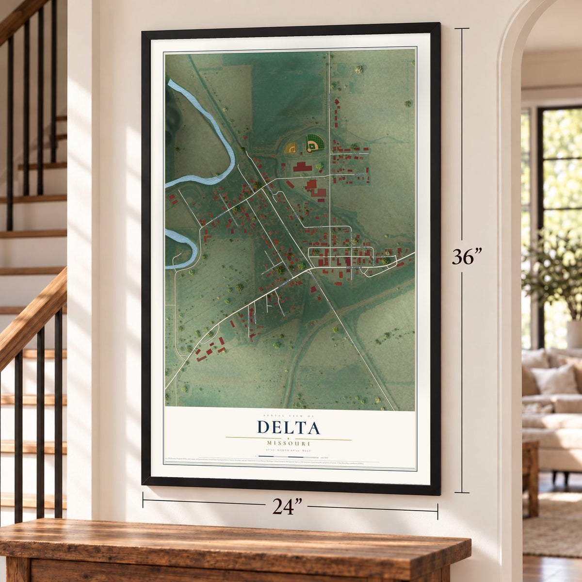 Delta, Missouri map, 24 x 36 inch print in a black frame by a staircase
