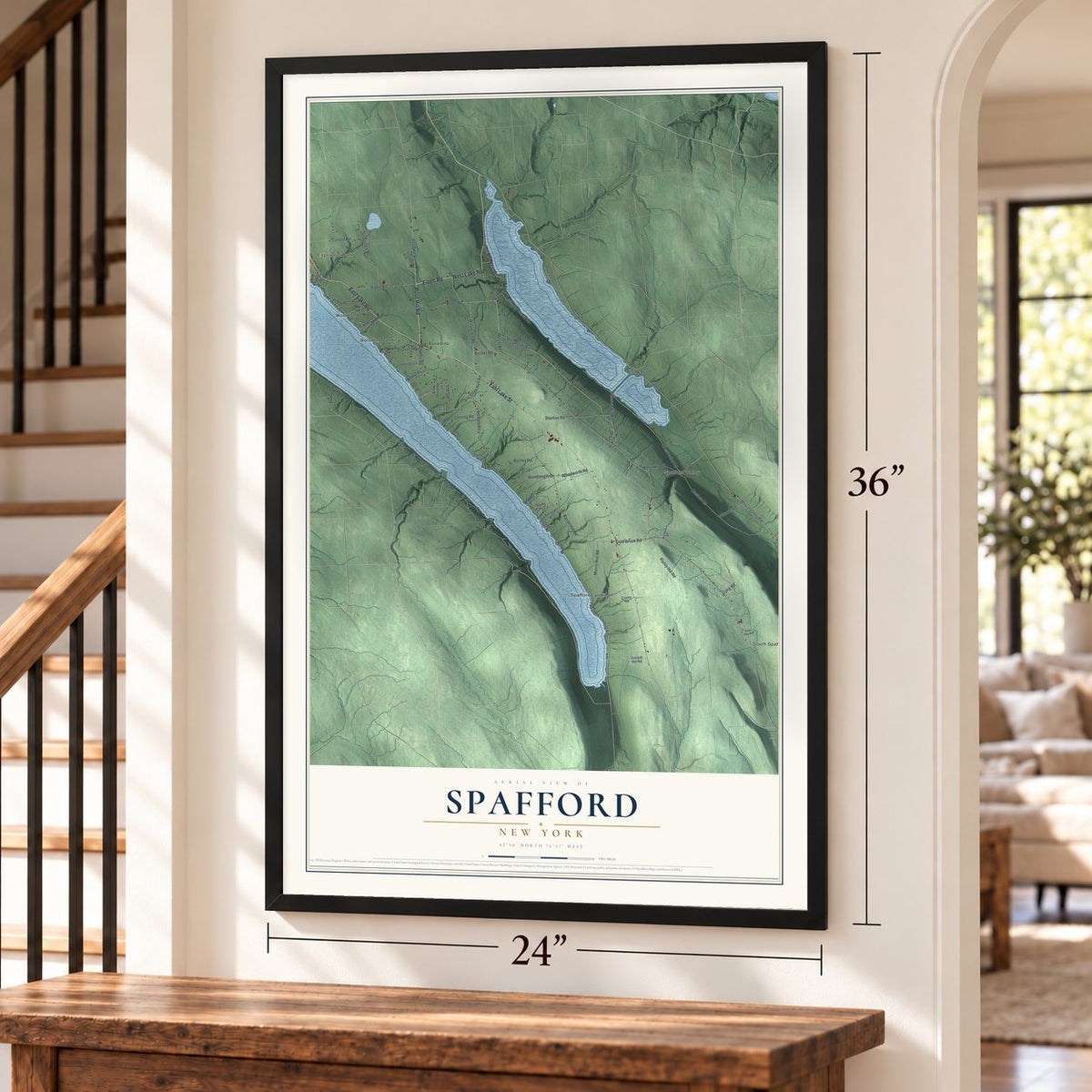 Spafford, New York map, 24 x 36 inch print in a black frame by a staircase