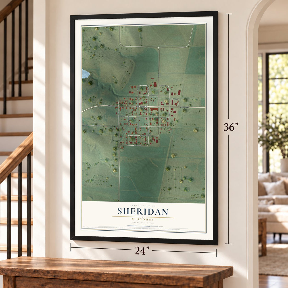 Sheridan, Missouri map, 24 x 36 inch print in a black frame by a staircase