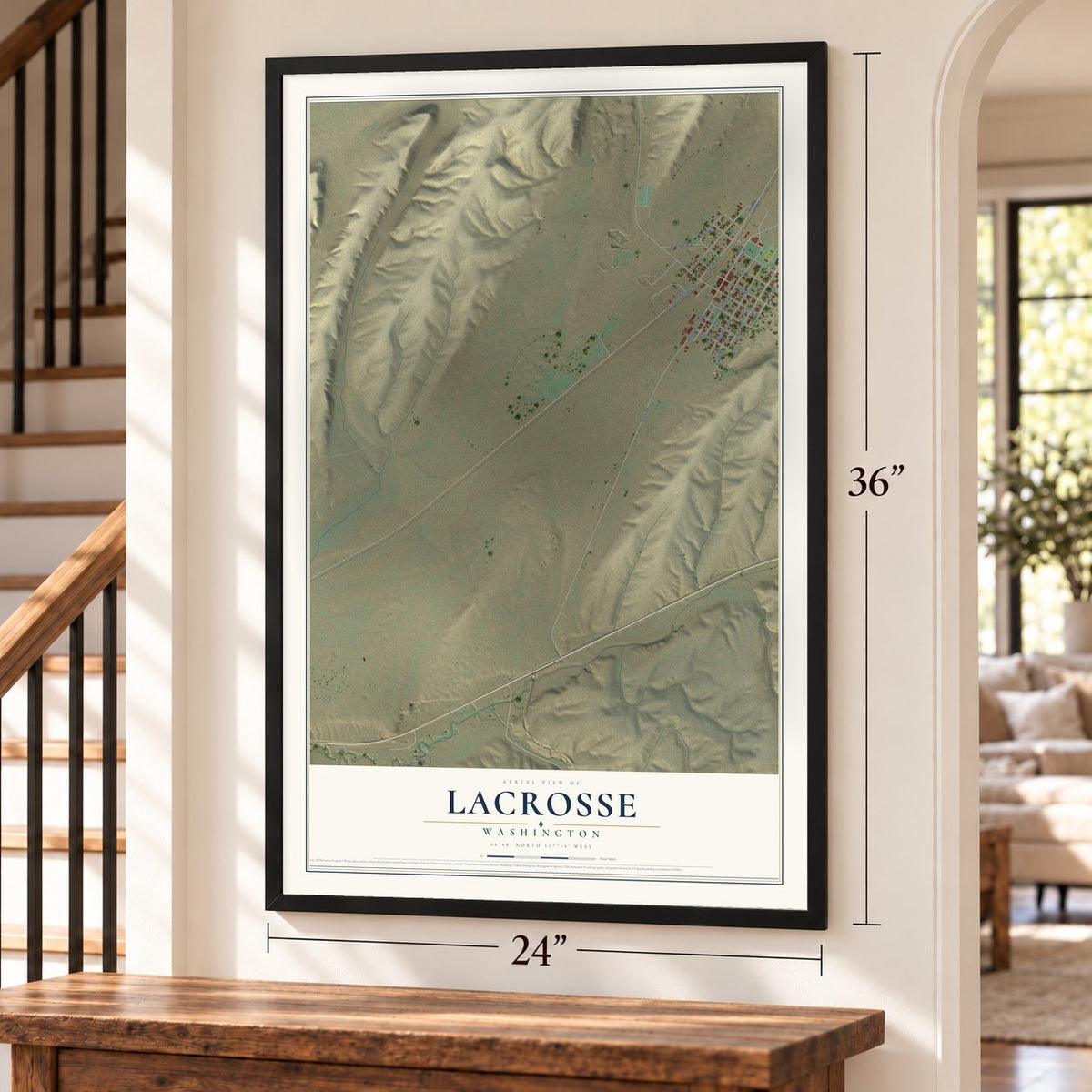 LaCrosse, Washington map, 24 x 36 inch print in a black frame by a staircase