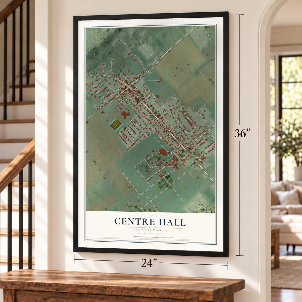 Centre Hall, Pennsylvania map, 24 x 36 inch print in a black frame by a staircase