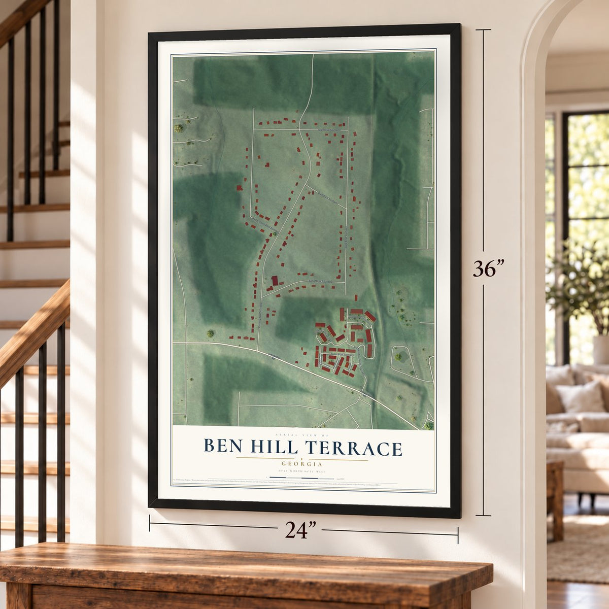 Ben Hill Terrace, Georgia map, 24 x 36 inch print in a black frame by a staircase