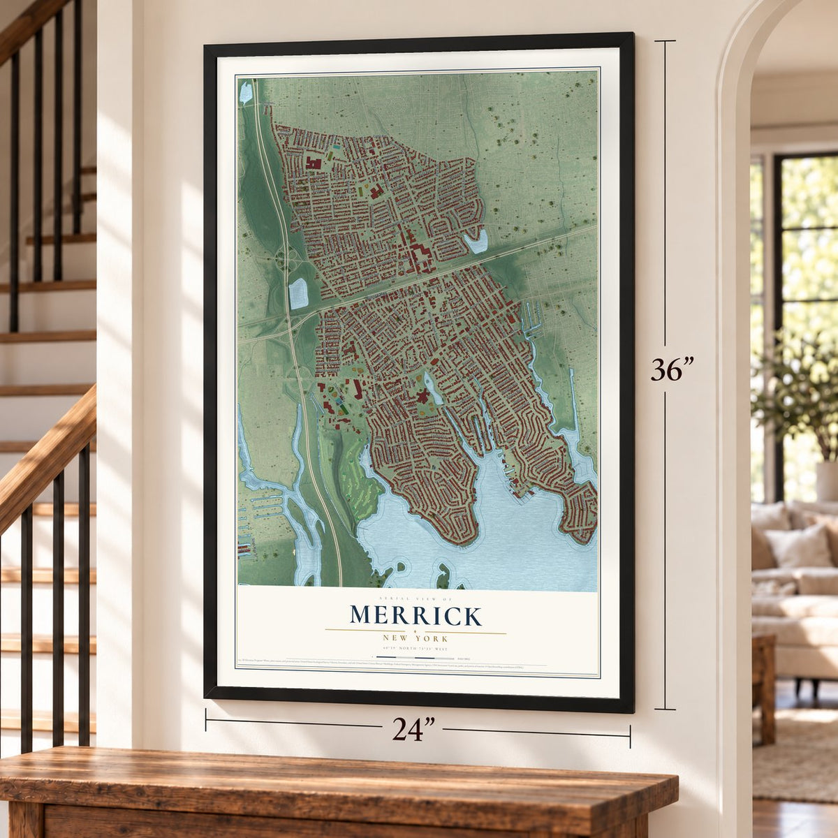 Merrick, New York map, 24 x 36 inch print in a black frame by a staircase