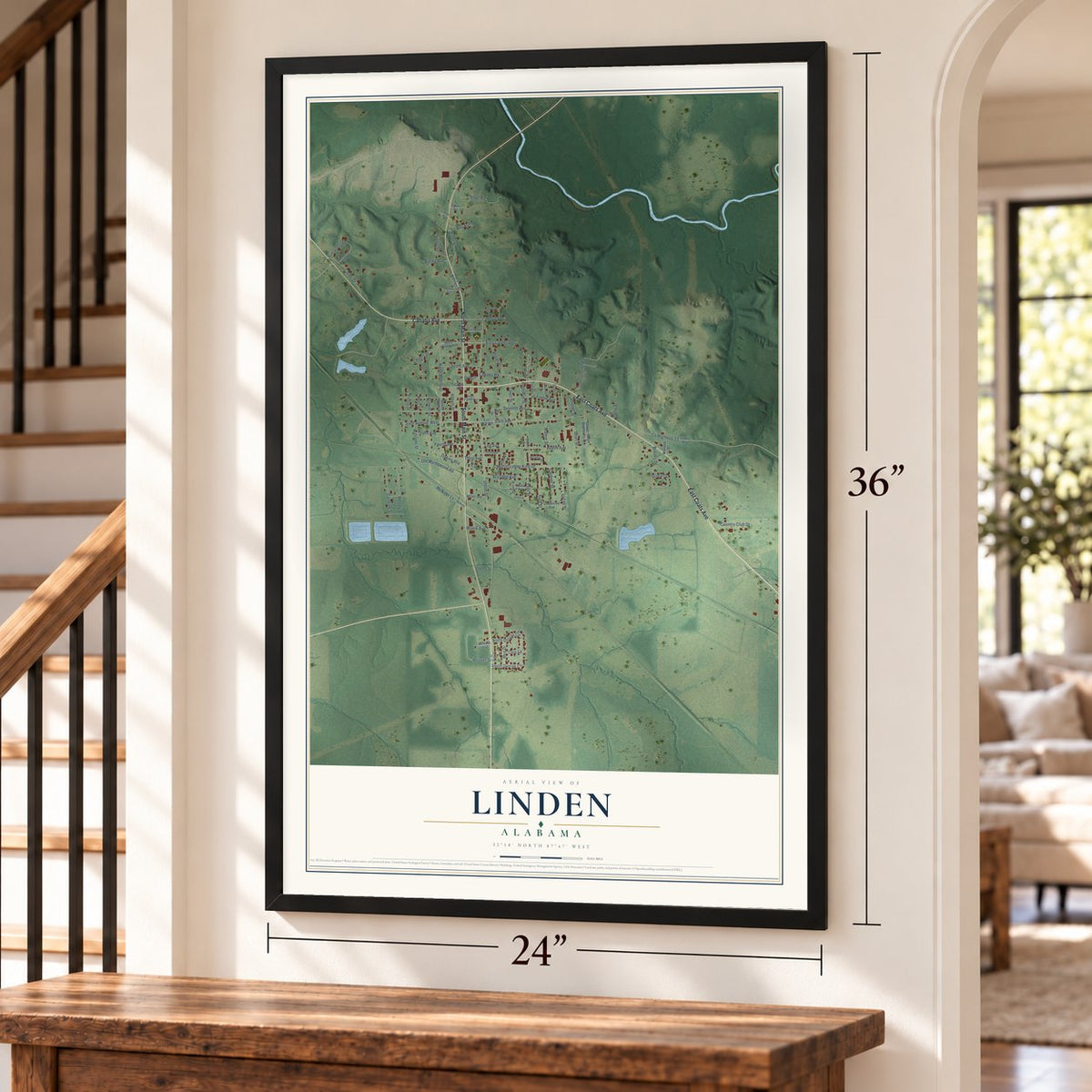 Linden, Alabama map, 24 x 36 inch print in a black frame by a staircase