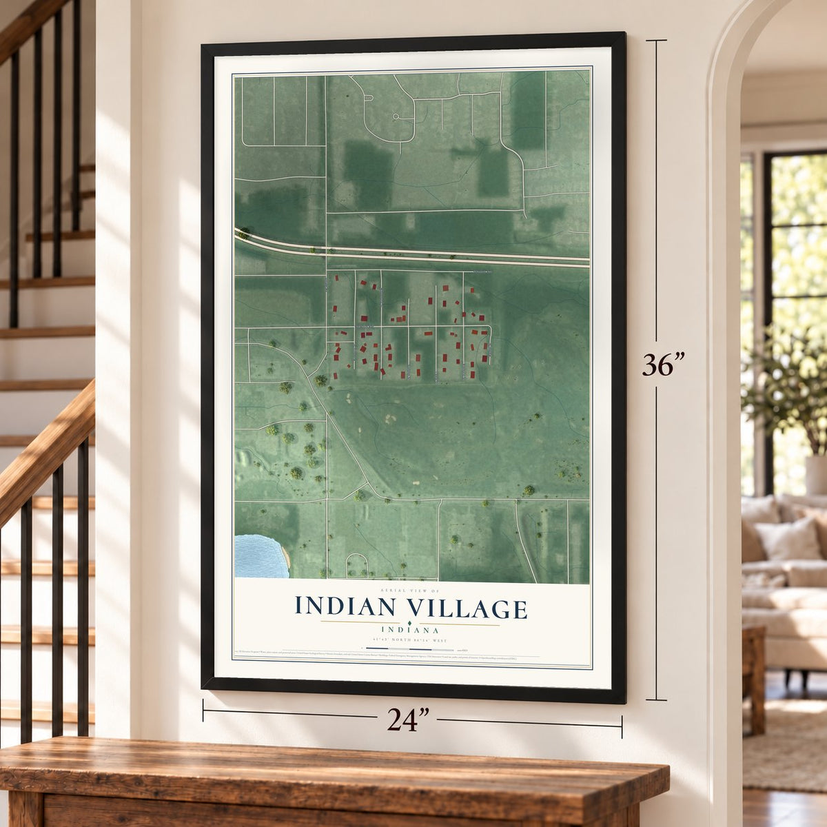 Indian Village, Indiana map, 24 x 36 inch print in a black frame by a staircase