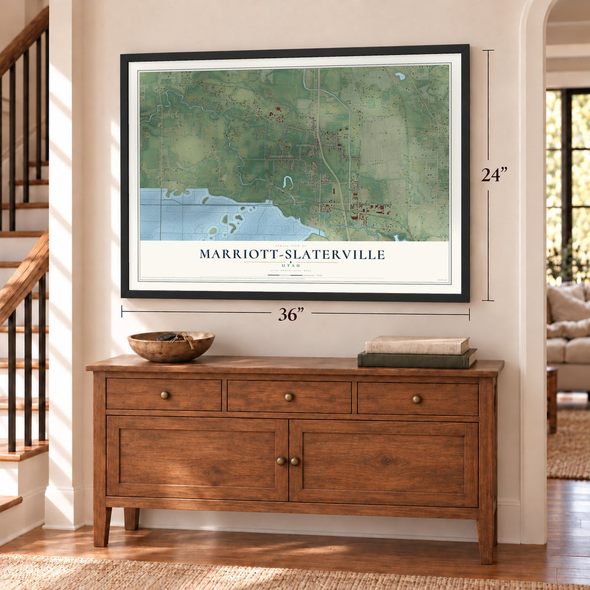 Marriott-Slaterville, Utah map, 24 x 36 inch print in a black frame above a dresser by a staircase