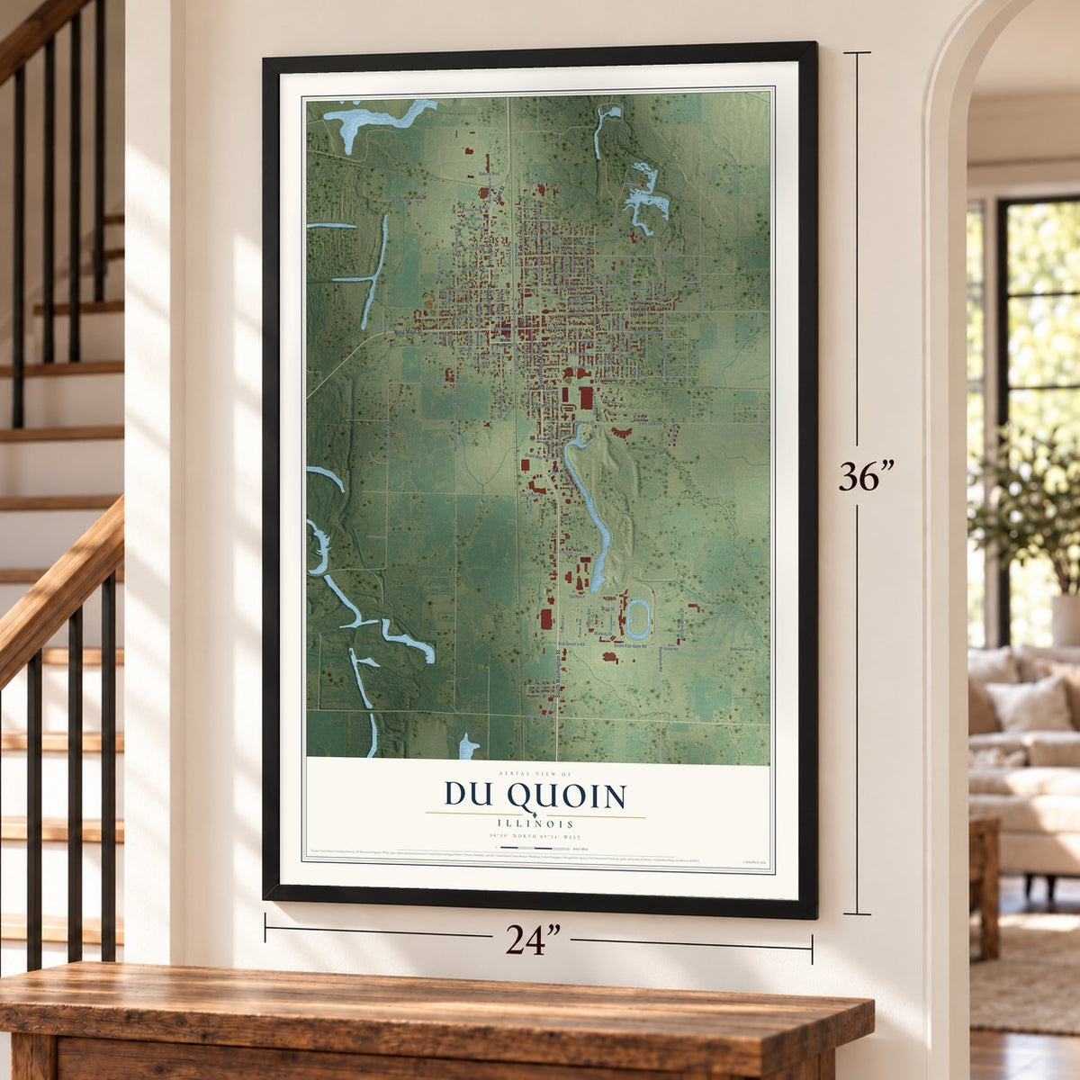 Du Quoin, Illinois map, 24 x 36 inch print in a black frame by a staircase
