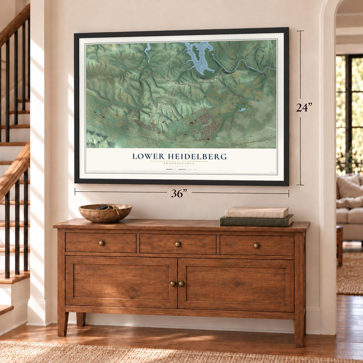 Lower Heidelberg, Pennsylvania map, 24 x 36 inch print in a black frame above a dresser by a staircase