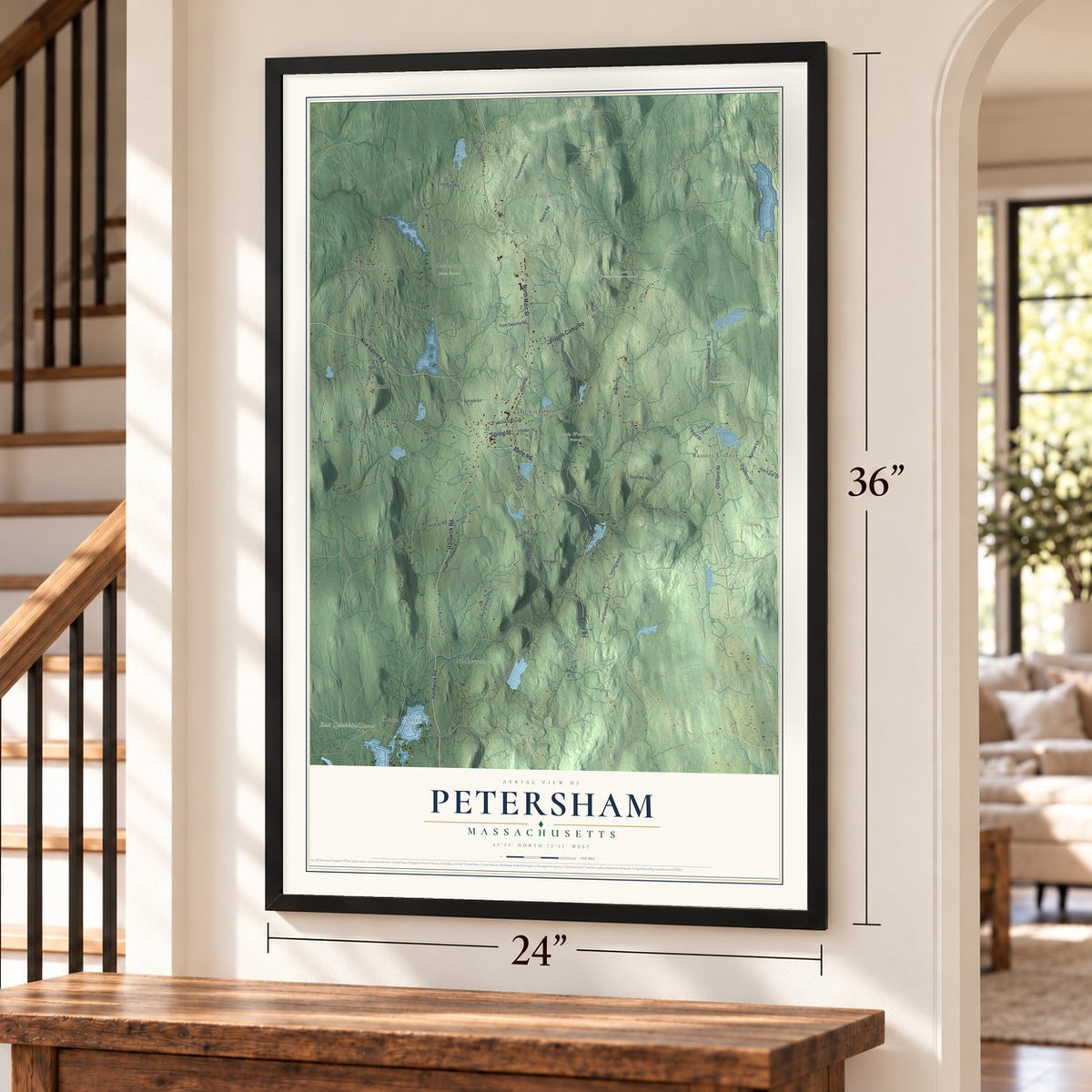Petersham, Massachusetts map, 24 x 36 inch print in a black frame by a staircase